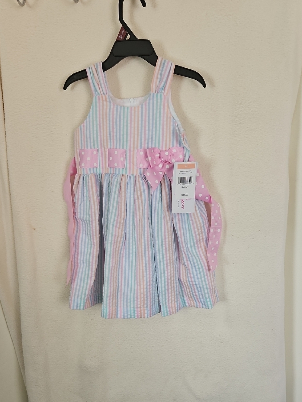 Girls Pastel Striped Seersucker Dress with Pink Bow